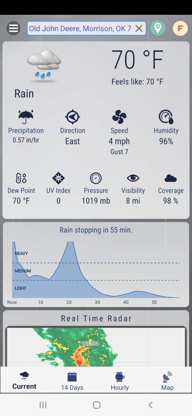 Current conditions screen with the full set of live weather metrics alongside the next-hour precipitation curve