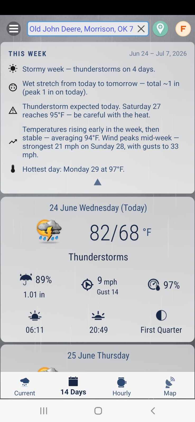 14-day forecast list with a plain-language summary of the week ahead for planning outdoor time