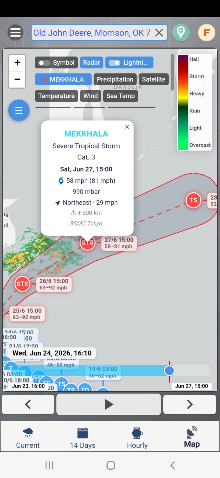 Hurricane tracker showing Severe Tropical Storm Mekkhala with category, 58 mph winds gusting 81 mph, 990 mbar pressure, dated forecast track points and an uncertainty corridor