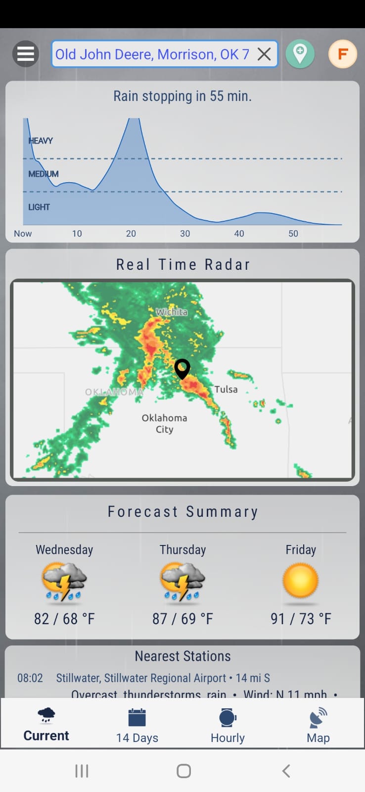 Minute-by-minute nowcast showing rain stopping in 55 minutes with a precipitation curve above the real-time radar map