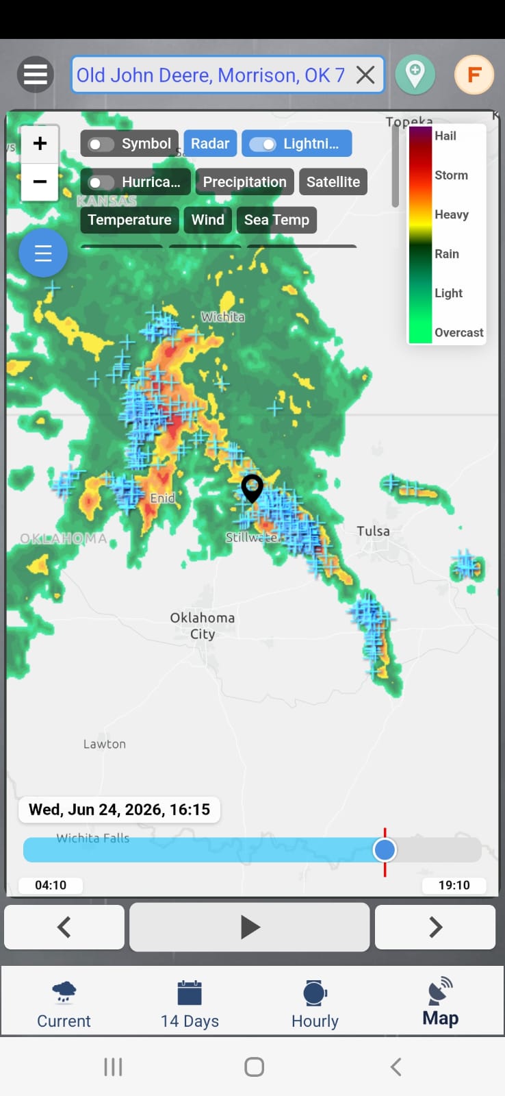 Interactive weather map with live radar and lightning strikes, layer chips for Hurricane, Precipitation, Satellite and more, plus an intensity legend and play timeline
