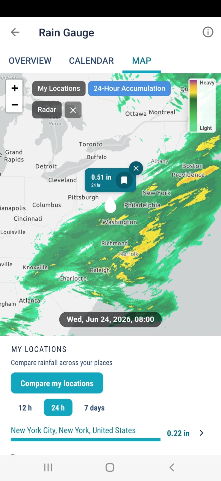 Rain gauge app accumulation map showing how much rain fell across the area over the last 24 hours